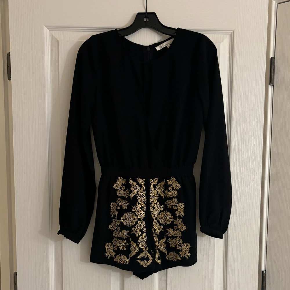 LOVERS + FRIENDS Long Sleeve Black Romper with Gold Brocade Details - Picture 2 of 13